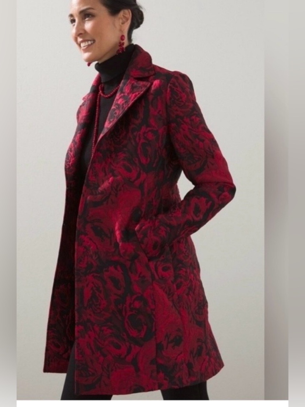 Chico's Red, Pink and Black Floral Jacquard Topper Coat Size L/12 NWT